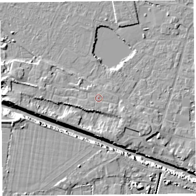Shaded relief map of the ground around TA93QL, computed from Environment Agency LiDAR. The ground here sits at about 7 m above sea level and falls 10 m across the surrounding 800 m. Surface water reaching this point runs off ground lying to the south-west, 0.9 m higher.