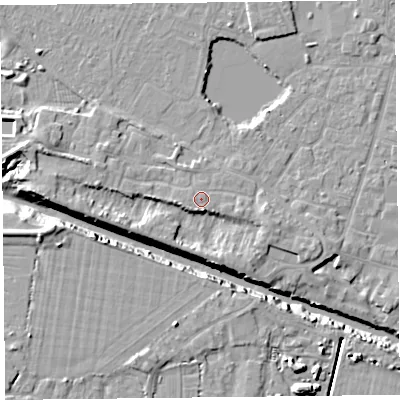 Shaded relief map of the ground around TA93QP, computed from Environment Agency LiDAR. The ground here sits at about 7 m above sea level and falls 11 m across the surrounding 800 m. Surface water reaching this point runs off ground lying to the south-south-east, 1.0 m higher.