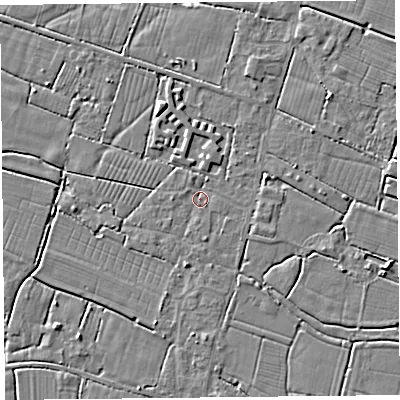 Shaded relief map of the ground around TA93QQ, computed from Environment Agency LiDAR. The ground here sits at about 5 m above sea level and falls 4 m across the surrounding 800 m. Surface water reaching this point runs off ground lying to the north, 1.6 m higher.