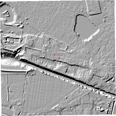 Shaded relief map of the ground around TA93QR, computed from Environment Agency LiDAR. The ground here sits at about 7 m above sea level and falls 11 m across the surrounding 800 m. Surface water reaching this point runs off ground lying to the west-north-west, 4.2 m higher.