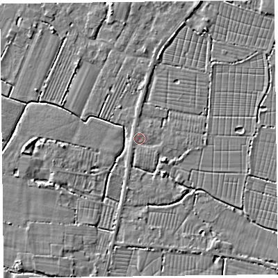 Shaded relief map of the ground around TA93QS, computed from Environment Agency LiDAR. The ground here sits at about 6 m above sea level and falls 3 m across the surrounding 800 m. Surface water reaching this point runs off ground lying to the north-north-west, 0.8 m higher.