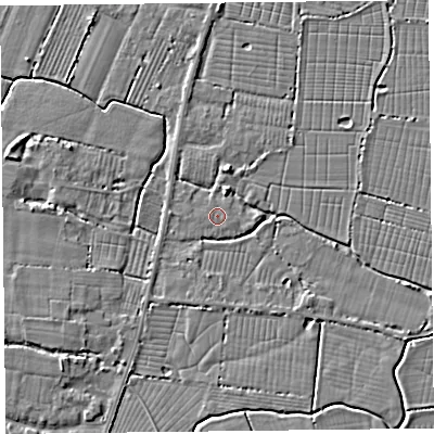 Shaded relief map of the ground around TA93QT, computed from Environment Agency LiDAR. The ground here sits at about 6 m above sea level and falls 3 m across the surrounding 800 m. The ground contributing surface water to this point lies to the east-south-east.