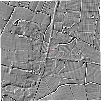Shaded relief map of the ground around TA93QU, computed from Environment Agency LiDAR. The ground here sits at about 5 m above sea level and falls 3 m across the surrounding 800 m. Surface water reaching this point runs off ground lying to the east-north-east, 0.9 m higher.