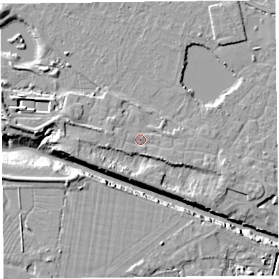 Shaded relief map of the ground around TA93QW, computed from Environment Agency LiDAR. The ground here sits at about 7 m above sea level and falls 11 m across the surrounding 800 m. Surface water reaching this point runs off ground lying to the west-north-west, 4.2 m higher.