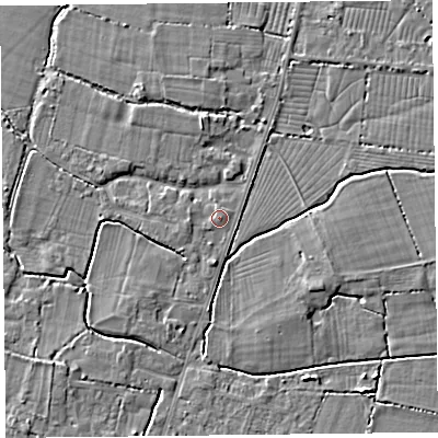 Shaded relief map of the ground around TA93QX, computed from Environment Agency LiDAR. The ground here sits at about 6 m above sea level and falls 3 m across the surrounding 800 m. Surface water reaching this point runs off ground lying to the south, 1.5 m higher.