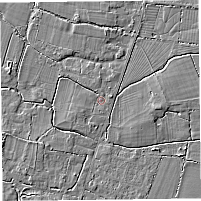 Shaded relief map of the ground around TA93QY, computed from Environment Agency LiDAR. The ground here sits at about 6 m above sea level and falls 3 m across the surrounding 800 m. Surface water reaching this point runs off ground lying to the west-south-west, 1.0 m higher.