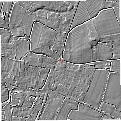 Shaded relief map of the ground around TA93QZ, computed from Environment Agency LiDAR. The ground here sits at about 5 m above sea level and falls 4 m across the surrounding 800 m. Surface water reaching this point runs off ground lying to the west, 2.4 m higher.