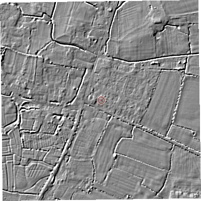 Shaded relief map of the ground around TA93RA, computed from Environment Agency LiDAR. The ground here sits at about 6 m above sea level and falls 4 m across the surrounding 800 m. Surface water reaching this point runs off ground lying to the west, 1.4 m higher.