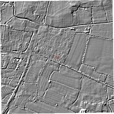 Shaded relief map of the ground around TA93RB, computed from Environment Agency LiDAR. The ground here sits at about 6 m above sea level and falls 5 m across the surrounding 800 m. Surface water reaching this point runs off ground lying to the east, 0.8 m higher.