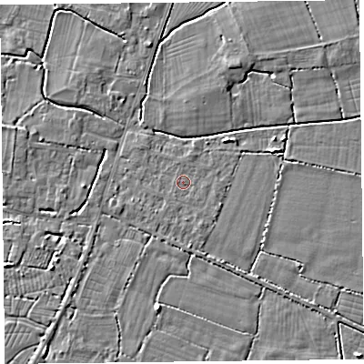 Shaded relief map of the ground around TA93RF, computed from Environment Agency LiDAR. The ground here sits at about 6 m above sea level and falls 4 m across the surrounding 800 m. Surface water reaching this point runs off ground lying to the south-south-west, 0.6 m higher.