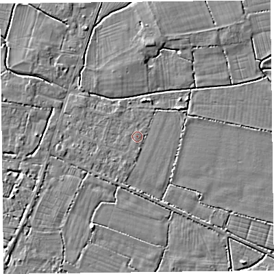 Shaded relief map of the ground around TA93RG, computed from Environment Agency LiDAR. The ground here sits at about 6 m above sea level and falls 4 m across the surrounding 800 m. Surface water reaching this point runs off ground lying to the south-south-west, 1.1 m higher.