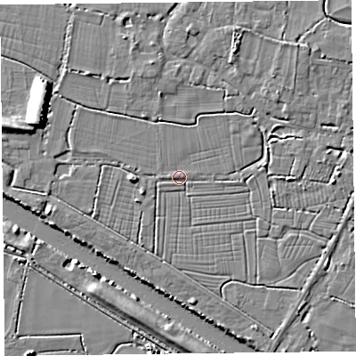 Shaded relief map of the ground around TA93RJ, computed from Environment Agency LiDAR. The ground here sits at about 6 m above sea level and falls 8 m across the surrounding 800 m. Surface water reaching this point runs off ground lying to the west-north-west, 6.6 m higher.