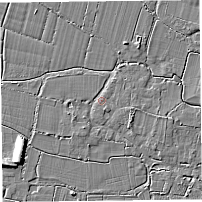 Shaded relief map of the ground around TA93RP, computed from Environment Agency LiDAR. The ground here sits at about 6 m above sea level and falls 7 m across the surrounding 800 m. Surface water reaching this point runs off ground lying to the east-south-east, 3.0 m higher.
