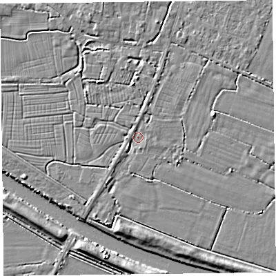 Shaded relief map of the ground around TA93RQ, computed from Environment Agency LiDAR. The ground here sits at about 5 m above sea level and falls 6 m across the surrounding 800 m. Surface water reaching this point runs off ground lying to the south-west, 2.2 m higher.