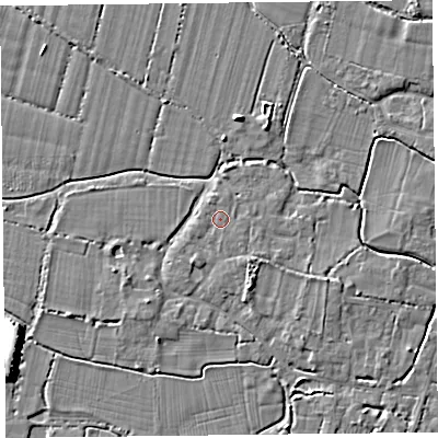 Shaded relief map of the ground around TA93RR, computed from Environment Agency LiDAR. The ground here sits at about 6 m above sea level and falls 7 m across the surrounding 800 m. Surface water reaching this point runs off ground lying to the north-north-west, 0.7 m higher.
