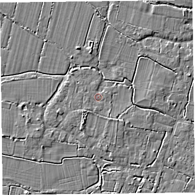 Shaded relief map of the ground around TA93RS, computed from Environment Agency LiDAR. The ground here sits at about 6 m above sea level and falls 4 m across the surrounding 800 m. Surface water reaching this point runs off ground lying to the south-east, 3.1 m higher.