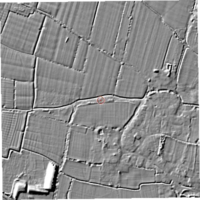 Shaded relief map of the ground around TA93RT, computed from Environment Agency LiDAR. The ground here sits at about 6 m above sea level and falls 7 m across the surrounding 800 m. Surface water reaching this point runs off ground lying to the east-north-east, 3.8 m higher.