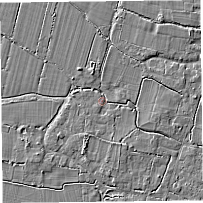 Shaded relief map of the ground around TA93RU, computed from Environment Agency LiDAR. The ground here sits at about 6 m above sea level and falls 4 m across the surrounding 800 m. Surface water reaching this point runs off ground lying to the south-south-east, 3.1 m higher.