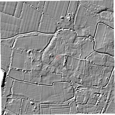 Shaded relief map of the ground around TA93RW, computed from Environment Agency LiDAR. The ground here sits at about 6 m above sea level and falls 7 m across the surrounding 800 m. Surface water reaching this point runs off ground lying to the east-north-east, 1.3 m higher.