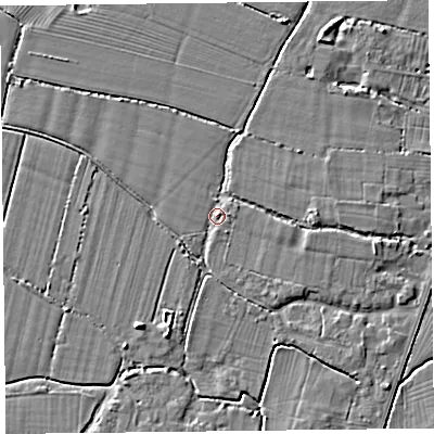 Shaded relief map of the ground around TA93RX, computed from Environment Agency LiDAR. The ground here sits at about 6 m above sea level and falls 4 m across the surrounding 800 m. Surface water reaching this point runs off ground lying to the east, 2.7 m higher.