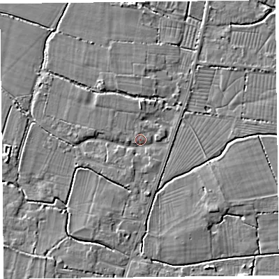Shaded relief map of the ground around TA93SA, computed from Environment Agency LiDAR. The ground here sits at about 6 m above sea level and falls 3 m across the surrounding 800 m. Surface water reaching this point runs off ground lying to the west, 1.6 m higher.