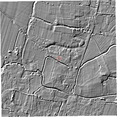 Shaded relief map of the ground around TA93SB, computed from Environment Agency LiDAR. The ground here sits at about 6 m above sea level and falls 4 m across the surrounding 800 m. Surface water reaching this point runs off ground lying to the south-south-east, 2.2 m higher.