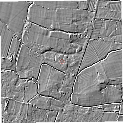 Shaded relief map of the ground around TA93SD, computed from Environment Agency LiDAR. The ground here sits at about 6 m above sea level and falls 4 m across the surrounding 800 m. The ground contributing surface water to this point lies to the south-south-west.