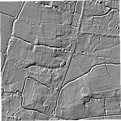 Shaded relief map of the ground around TA93SF, computed from Environment Agency LiDAR. The ground here sits at about 6 m above sea level and falls 3 m across the surrounding 800 m. Surface water reaching this point runs off ground lying to the north-west, 2.6 m higher.