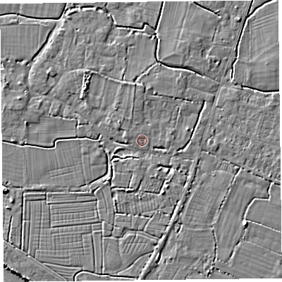 Shaded relief map of the ground around TA93SG, computed from Environment Agency LiDAR. The ground here sits at about 6 m above sea level and falls 5 m across the surrounding 800 m. Surface water reaching this point runs off ground lying to the north, 1.5 m higher.