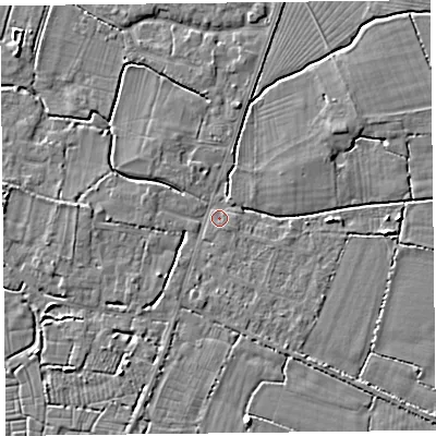 Shaded relief map of the ground around TA93SH, computed from Environment Agency LiDAR. The ground here sits at about 6 m above sea level and falls 4 m across the surrounding 800 m. Surface water reaching this point runs off ground lying to the west, 2.4 m higher.