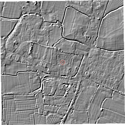 Shaded relief map of the ground around TA93SJ, computed from Environment Agency LiDAR. The ground here sits at about 6 m above sea level and falls 4 m across the surrounding 800 m. Surface water reaching this point runs off ground lying to the north-north-west, 0.9 m higher.