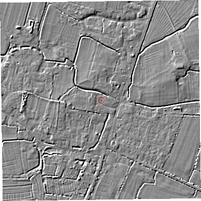 Shaded relief map of the ground around TA93SL, computed from Environment Agency LiDAR. The ground here sits at about 6 m above sea level and falls 4 m across the surrounding 800 m. Surface water reaching this point runs off ground lying to the west-north-west, 1.0 m higher.