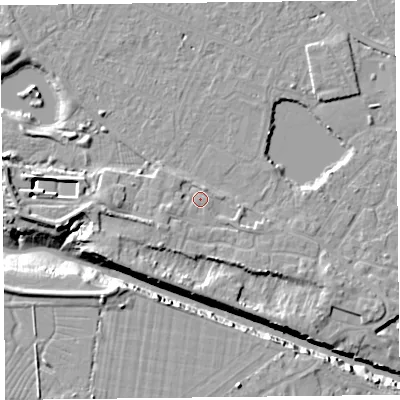 Shaded relief map of the ground around TA93SN, computed from Environment Agency LiDAR. The ground here sits at about 6 m above sea level and falls 11 m across the surrounding 800 m. Surface water reaching this point runs off ground lying to the south-west, 1.5 m higher.