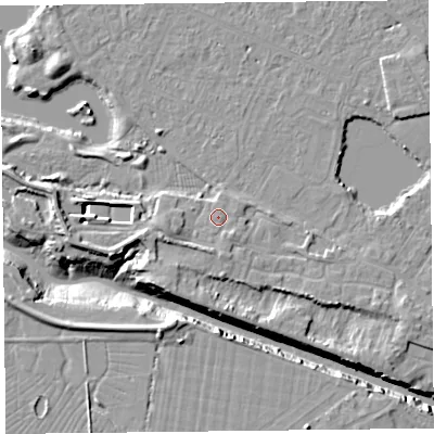 Shaded relief map of the ground around TA93SP, computed from Environment Agency LiDAR. The ground here sits at about 7 m above sea level and falls 11 m across the surrounding 800 m. Surface water reaching this point runs off ground lying to the south, 1.3 m higher.