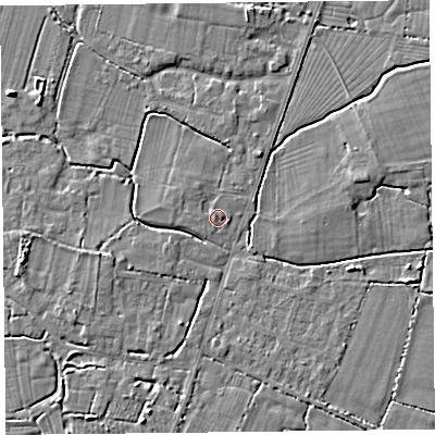 Shaded relief map of the ground around TA93SQ, computed from Environment Agency LiDAR. The ground here sits at about 6 m above sea level and falls 4 m across the surrounding 800 m. Surface water reaching this point runs off ground lying to the west-south-west, 2.4 m higher.