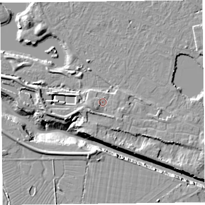 Shaded relief map of the ground around TA93SR, computed from Environment Agency LiDAR. The ground here sits at about 7 m above sea level and falls 11 m across the surrounding 800 m. Surface water reaching this point runs off ground lying to the south-west, 2.3 m higher.