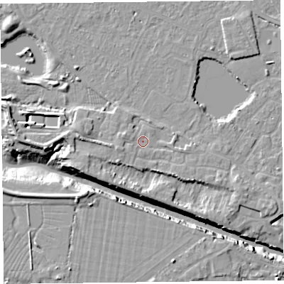 Shaded relief map of the ground around TA93SS, computed from Environment Agency LiDAR. The ground here sits at about 6 m above sea level and falls 11 m across the surrounding 800 m. Surface water reaching this point runs off ground lying to the west-south-west, 1.5 m higher.