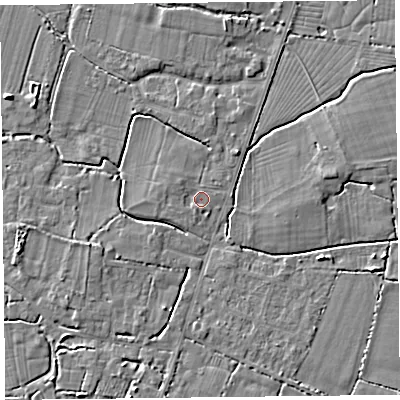 Shaded relief map of the ground around TA93SU, computed from Environment Agency LiDAR. The ground here sits at about 6 m above sea level and falls 4 m across the surrounding 800 m. Surface water reaching this point runs off ground lying to the west-north-west, 1.0 m higher.