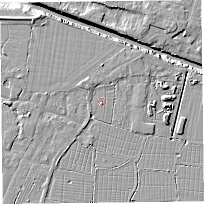 Shaded relief map of the ground around TA93TA, computed from Environment Agency LiDAR. The ground here sits at about 6 m above sea level and falls 10 m across the surrounding 800 m. Surface water reaching this point runs off ground lying to the north-west, 2.2 m higher.