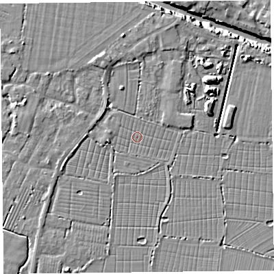 Shaded relief map of the ground around TA93TB, computed from Environment Agency LiDAR. The ground here sits at about 5 m above sea level and falls 10 m across the surrounding 800 m. Surface water reaching this point runs off ground lying to the north-north-west, 4.2 m higher.