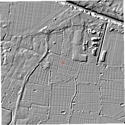 Shaded relief map of the ground around TA93TD, computed from Environment Agency LiDAR. The ground here sits at about 5 m above sea level and falls 10 m across the surrounding 800 m. Surface water reaching this point runs off ground lying to the north-north-west, 4.2 m higher.