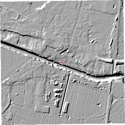 Shaded relief map of the ground around TA93TE, computed from Environment Agency LiDAR. The ground here sits at about 5 m above sea level and falls 12 m across the surrounding 800 m. Surface water reaching this point runs off ground lying to the east, 11.5 m higher.