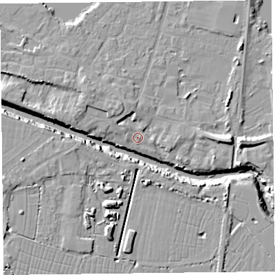 Shaded relief map of the ground around TA93TF, computed from Environment Agency LiDAR. The ground here sits at about 5 m above sea level and falls 12 m across the surrounding 800 m. Surface water reaching this point runs off ground lying to the north-north-west, 3.8 m higher.
