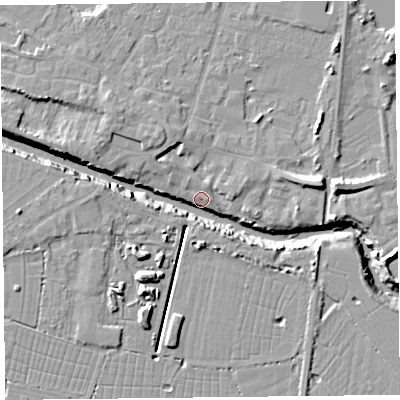 Shaded relief map of the ground around TA93TG, computed from Environment Agency LiDAR. The ground here sits at about 5 m above sea level and falls 12 m across the surrounding 800 m. Surface water reaching this point runs off ground lying to the east, 11.5 m higher.