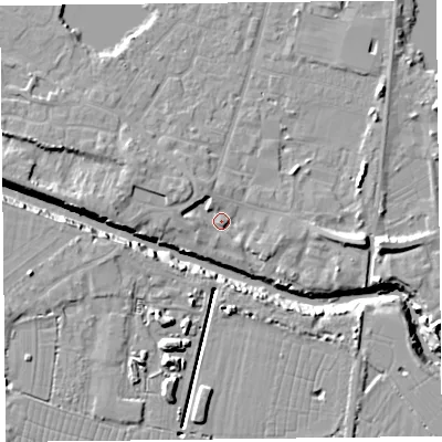 Shaded relief map of the ground around TA93TH, computed from Environment Agency LiDAR. The ground here sits at about 5 m above sea level and falls 12 m across the surrounding 800 m. Surface water reaching this point runs off ground lying to the east, 6.8 m higher.