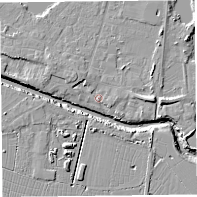 Shaded relief map of the ground around TA93TJ, computed from Environment Agency LiDAR. The ground here sits at about 5 m above sea level and falls 12 m across the surrounding 800 m. Surface water reaching this point runs off ground lying to the east, 7.2 m higher.