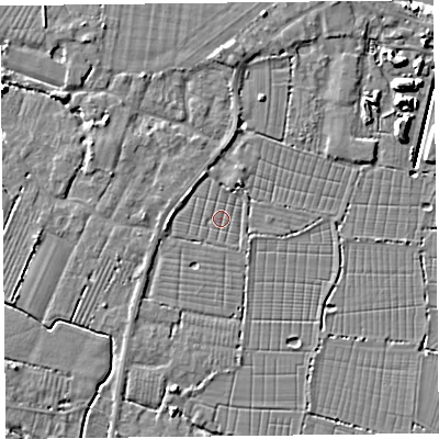 Shaded relief map of the ground around TA93TN, computed from Environment Agency LiDAR. The ground here sits at about 5 m above sea level and falls 9 m across the surrounding 800 m. Surface water reaching this point runs off ground lying to the west, 2.2 m higher.