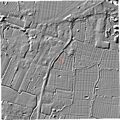 Shaded relief map of the ground around TA93TP, computed from Environment Agency LiDAR. The ground here sits at about 5 m above sea level and falls 10 m across the surrounding 800 m. Surface water reaching this point runs off ground lying to the west-south-west, 2.0 m higher.