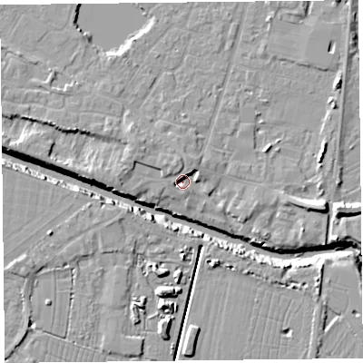 Shaded relief map of the ground around TA93TQ, computed from Environment Agency LiDAR. The ground here sits at about 5 m above sea level and falls 12 m across the surrounding 800 m. Surface water reaching this point runs off ground lying to the north-north-east, 3.8 m higher.
