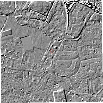 Shaded relief map of the ground around TA93YA, computed from Environment Agency LiDAR. The ground here sits at about 5 m above sea level and falls 4 m across the surrounding 800 m. Surface water reaching this point runs off ground lying to the south-south-west, 1.0 m higher.